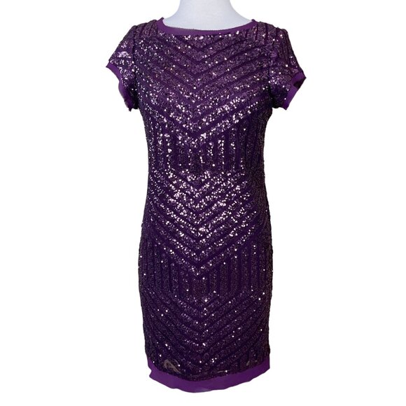 Vince Camuto Cap Sleeve Burgundy Purple Chevron Sequined Shift Dress Sz 10 NWT - Picture 1 of 11